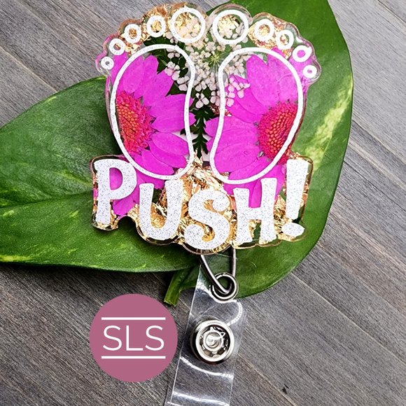 Baby Feet Floral Badge Reel With Push-OBGYN Badge Reel-NICU Nurse-OB Nurse Badge - Picture 3 of 7